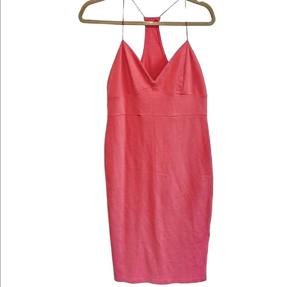CORAL MID-CALF LENGTH FORM FITTING DRESS